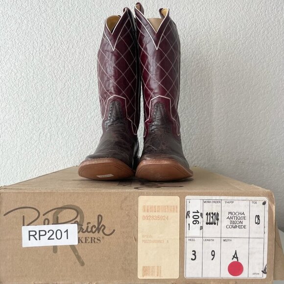 Rod Patrick Mens Cowboy Boots 9A Brown Mocha Bison Leather Square Toe Western - Picture 11 of 12